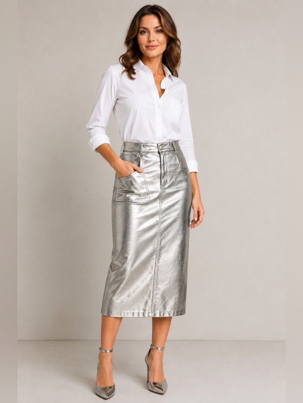 Gianni Bini silver metallic midi maxi skirt sz 12 new tags